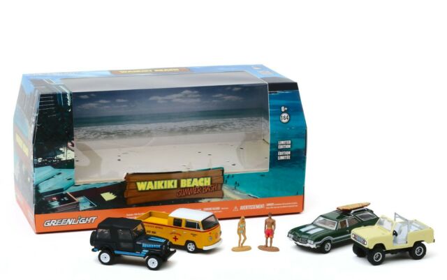 1:64 Waikiki Beach Summer Bash Set - 1967 Ford Bronco, 1972 Old Mobile Vista Cruisier, 1976 Volkswagen Tye 2 Double Cab Pick-Up, 1984 Jeep CJ-7 Renegadme & 2 Figures